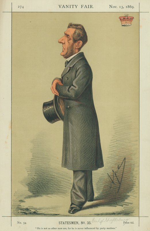 hrabě z Shaftesbury, není žádný jako ostatní muži, protože ho nikdy neovlivní motiv večírku, 13. listopadu 1869, karikatura Vanity Fair od Carlo Pellegrini