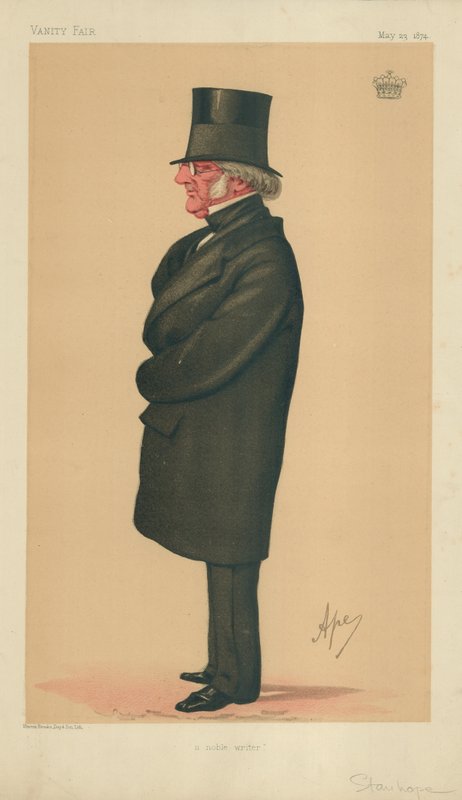 Philip-Henry Stanhope Stanhope, vznešený spisovatel, 23. května 1874, karikatura Vanity Fair od Carlo Pellegrini