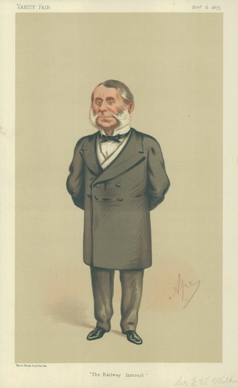 Sir Edward William Watkin, The Railway Interest, 6. listopadu 1875, karikatura Vanity Fair od Carlo Pellegrini