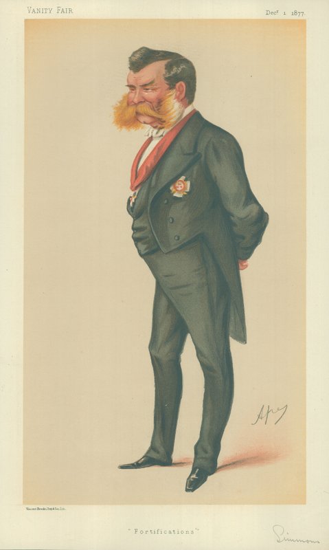 Sir John Lintorn Arabin Simmons, Opevnění, 1. prosince 1877, karikatura Vanity Fair od Carlo Pellegrini