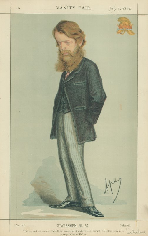 Vévoda ze Sutherlandu, prostý a nenáročný, přesto velkorysý a velkorysý ke svým bližním, on samotný princ vévodů, 9. července 1870, karikatura Vanity Fair od Carlo Pellegrini