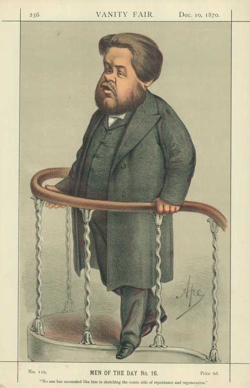 Reverend Charles Spurgeon, nikdo neuspěl jako on při načrtnutí komické stránky pokání a regenerace, 17. července 1880, karikatura Vanity Fair od Carlo Pellegrini