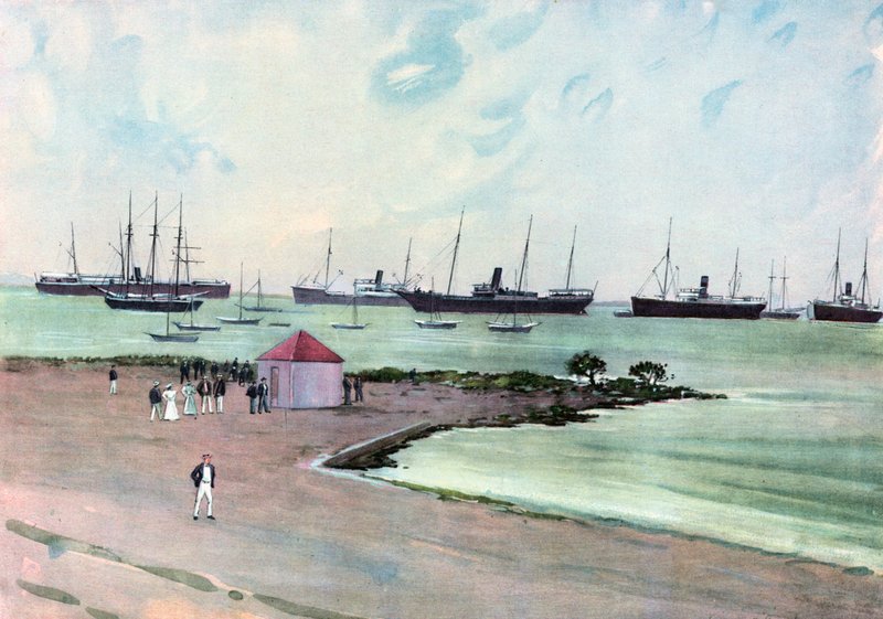 Zajatá španělská plavidla v Anchor v Man-of-War Harbor, Key West.-- Pohled z Esplanade poblíž kasáren armády Spojených států od Carlton Theodore Chapman