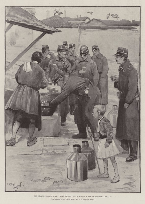 Řecko-turecká válka, ranní káva, pouliční scéna v Larisse, 19. duben od Cecil Charles Windsor Aldin