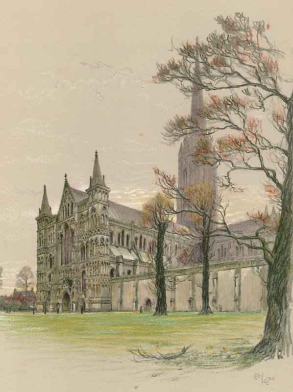 Katedrála v Salisbury od Cecil Charles Windsor Aldin