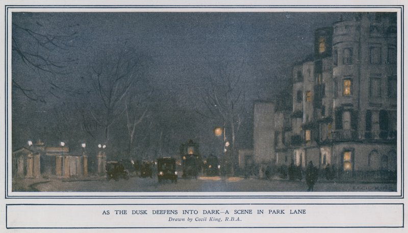 Jak se soumrak prohlubuje do tmy - scéna v Park Lane od Cecil King