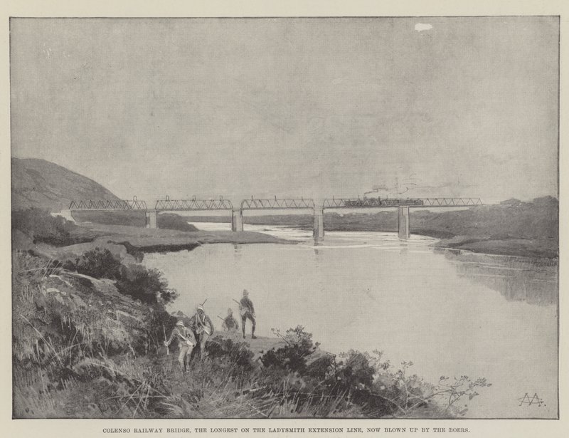 Železniční most Colenso, nejdelší na Ladysmith Extension Line, nyní vyhodili do povětří Búrové od Charles Auguste Loye