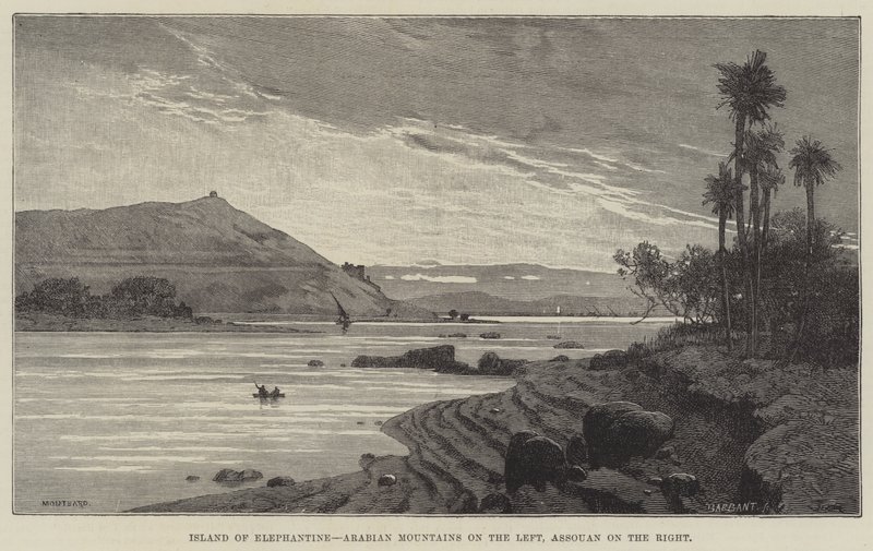 Ostrov Elephantine, Arabské hory vlevo, Assouan vpravo od Charles Auguste Loye