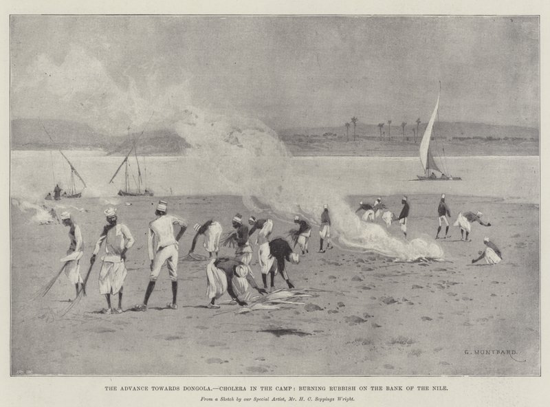 Postup směrem k Dongole, cholera v táboře, pálení odpadků na břehu Nilu od Charles Auguste Loye