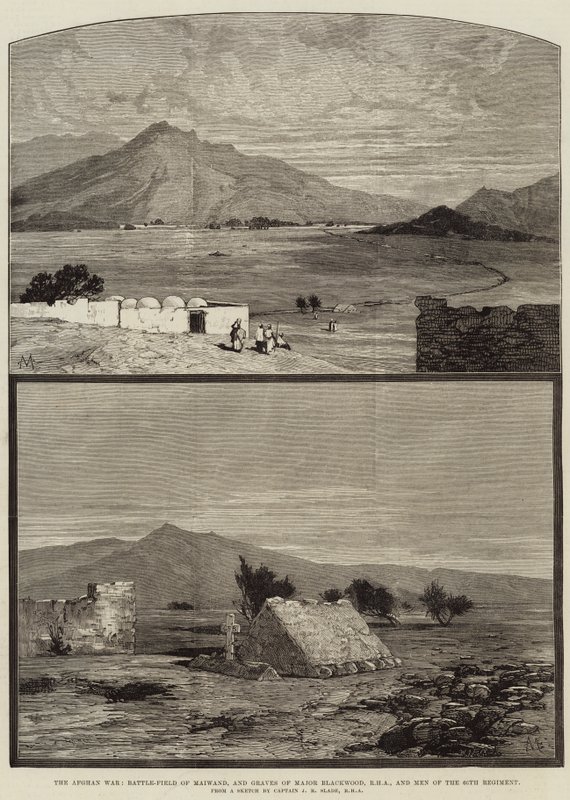 Afghánská válka, bitevní pole Maiwand a hroby majora Blackwooda, RHA a mužů 66. pluku od Charles Auguste Loye