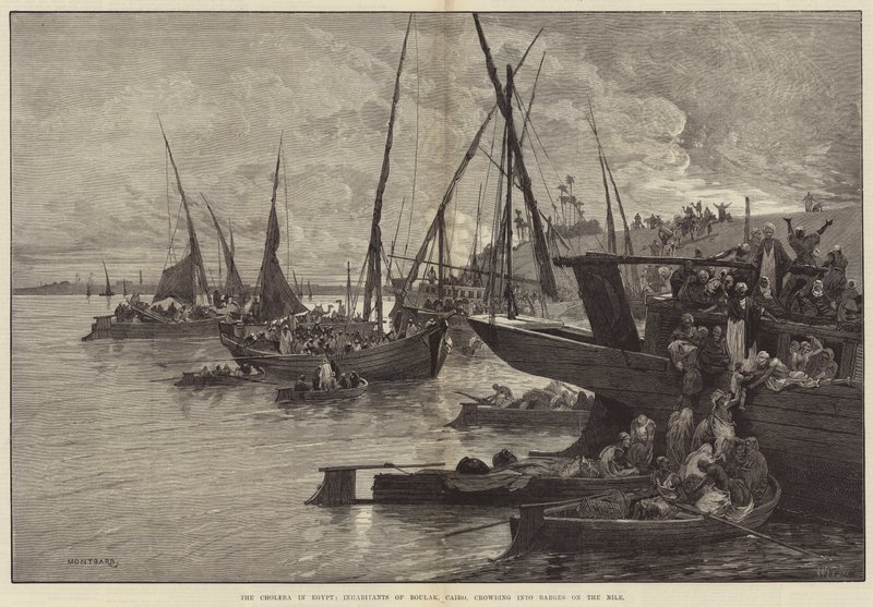 Cholera v Egyptě, obyvatelé Boulaku v Káhiře, tlačení do člunů na Nilu od Charles Auguste Loye