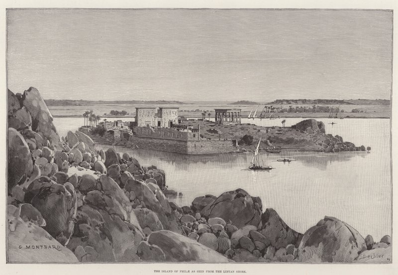 Ostrov Philae při pohledu z libyjského pobřeží od Charles Auguste Loye