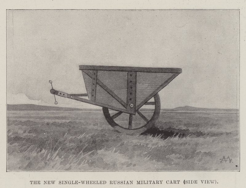 Nový jednokolový ruský vojenský vozík, boční pohled od Charles Auguste Loye