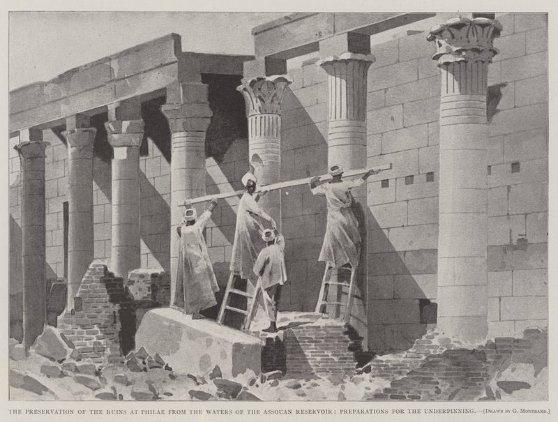 Zachování ruin ve Philae z vod přehrady Assouan, přípravy na podporu od Charles Auguste Loye