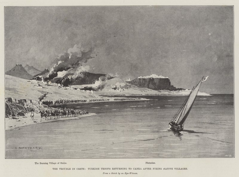Potíže na Krétě, turecké jednotky vracející se do Canea po vypalování domorodých vesnic od Charles Auguste Loye