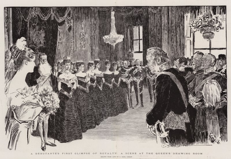 Debutantův první pohled na královské rodiny, scéna v královnině salonu od Charles Dana Gibson