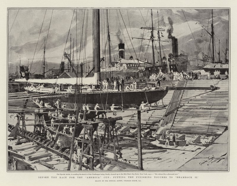 Před Race for the America Cup, uvedení Finishing Touchs to Shamrock II od Charles Edward Dixon