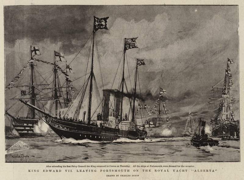 Král Edward VII opouští Portsmouth na Royal Yacht Alberta od Charles Edward Dixon