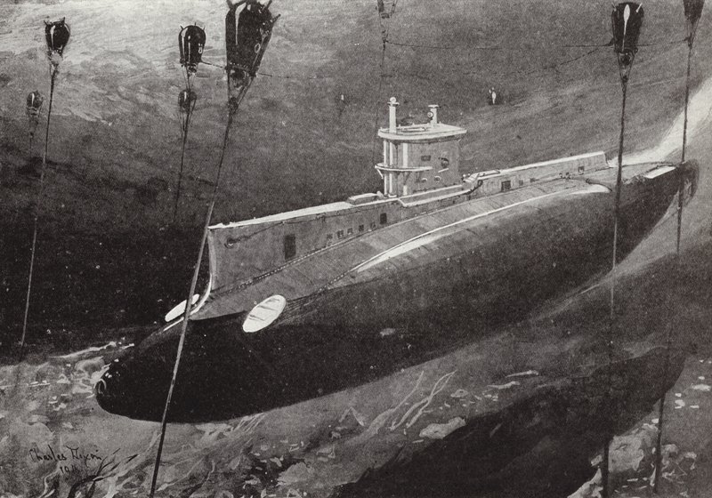 Nadporučík Edward Boyle v ponorce E14 se vyhýbá tureckým minám při proplouvání Dardanelami, 27. dubna 1915 od Charles Edward Dixon