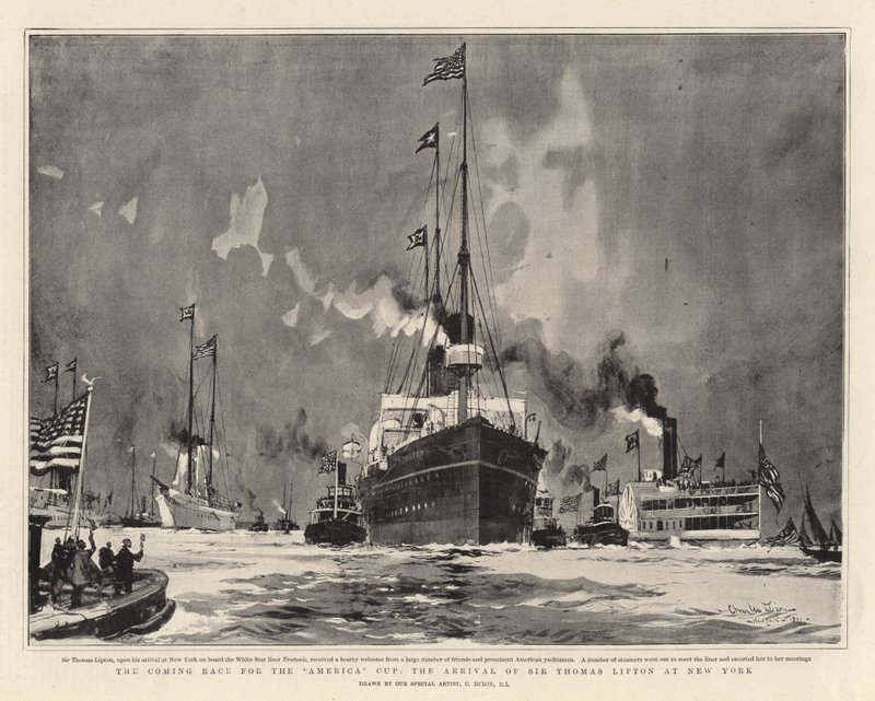 Coming Race for America Cup, příjezd Sira Thomase Liptona do New Yorku od Charles Edward Dixon
