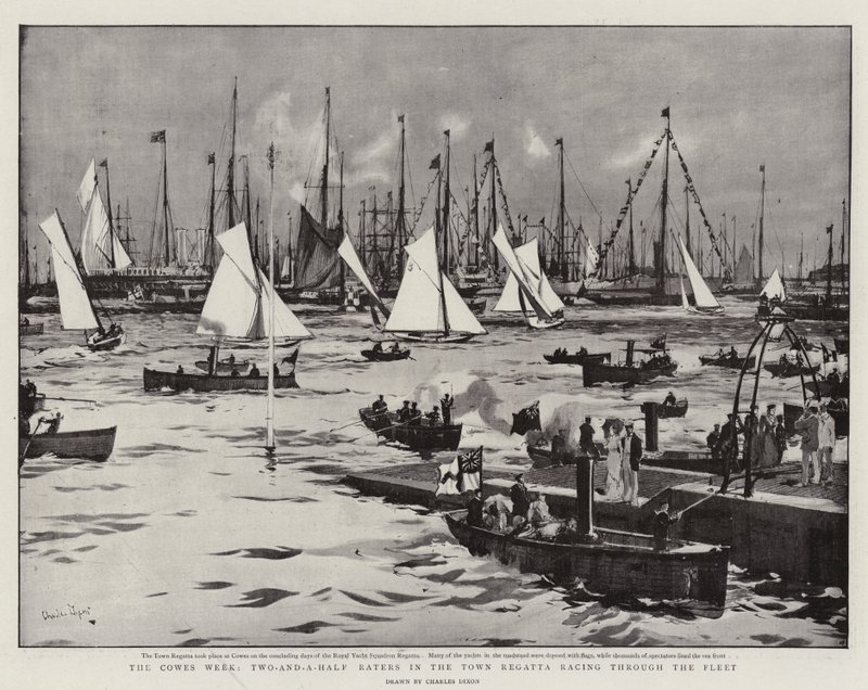 Cowes Week, dva a půl hodnotitelé ve městě Regata prohánějící se flotilou od Charles Edward Dixon