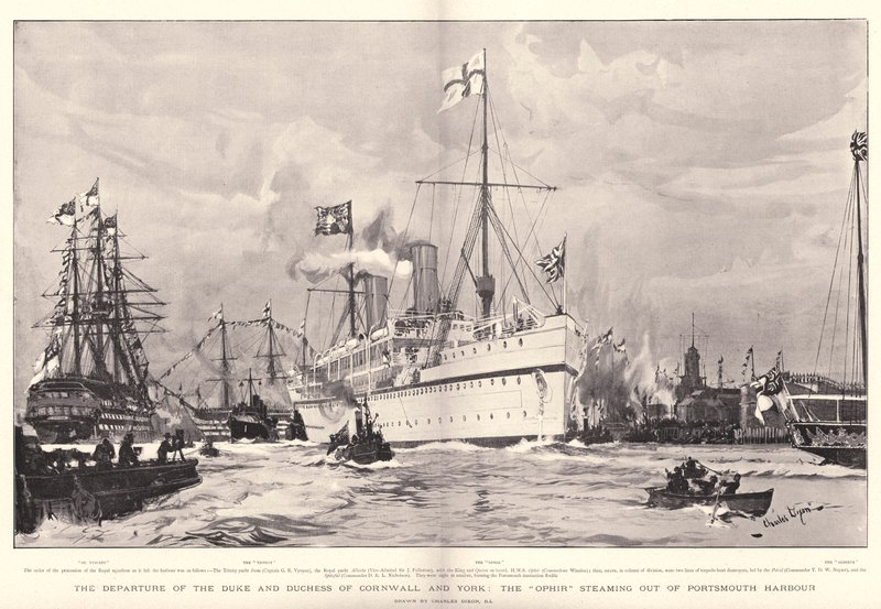Odjezd vévody a vévodkyně z Cornwallu a Yorku, Ophir plující z přístavu Portsmouth od Charles Edward Dixon