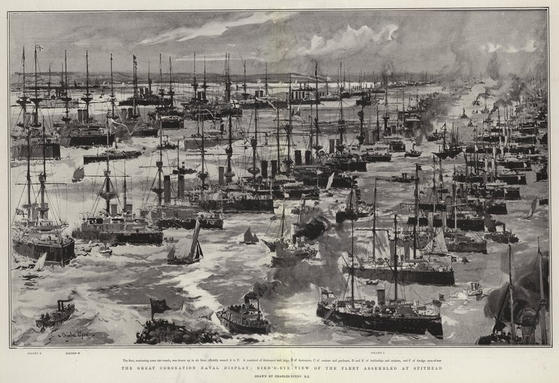 Velká korunovační námořní expozice, pohled na flotilu shromážděnou v Spithead z ptačí perspektivy od Charles Edward Dixon