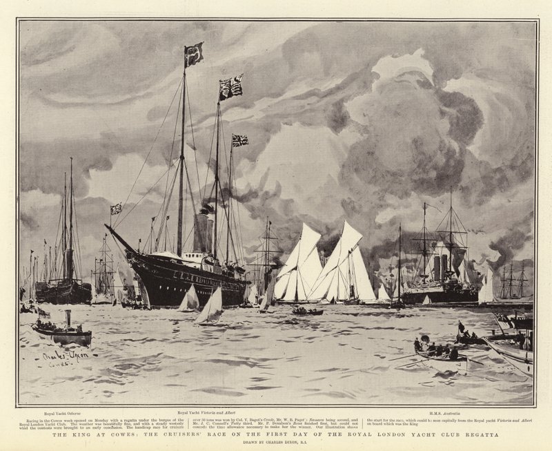 Král v Cowes, závod křižníků v první den Regaty Královského londýnského jachetního klubu od Charles Edward Dixon