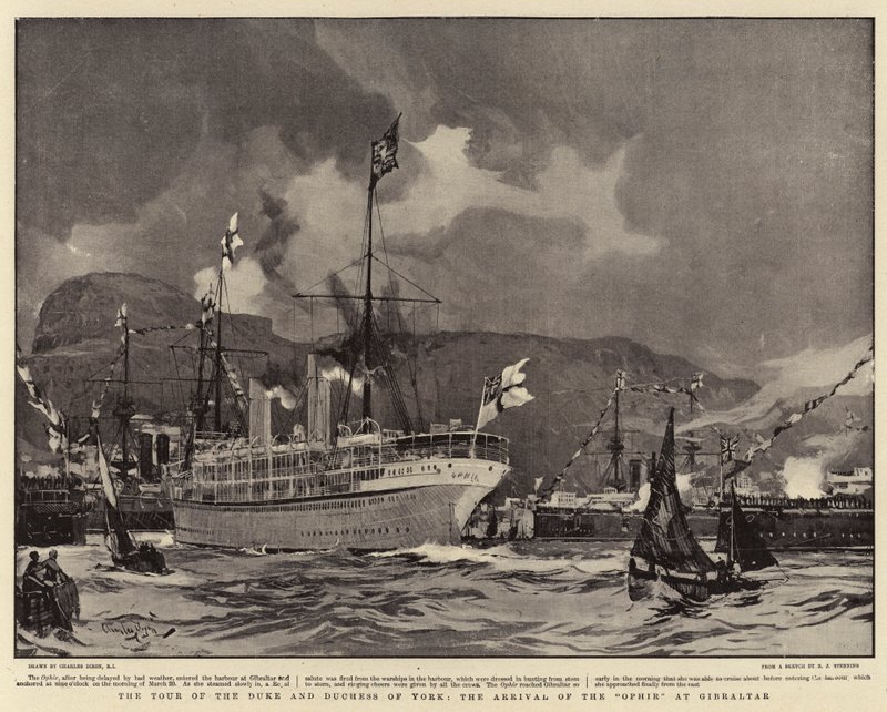 Prohlídka vévody a vévodkyně z Yorku, příjezd Ophiru na Gibraltar od Charles Edward Dixon
