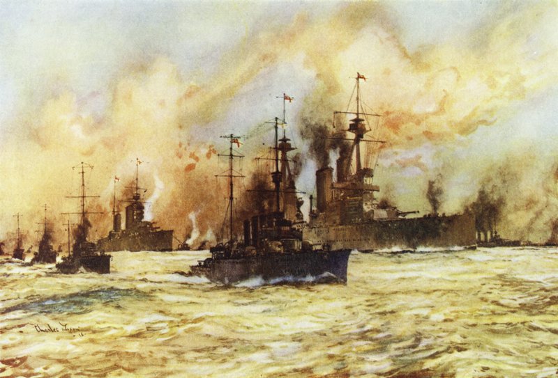 Bitevní křižník Indomitable, který táhne zraněný bitevní křižník Lion po bitvě u Dogger Bank, 24. ledna 1915 od Charles Edward Dixon