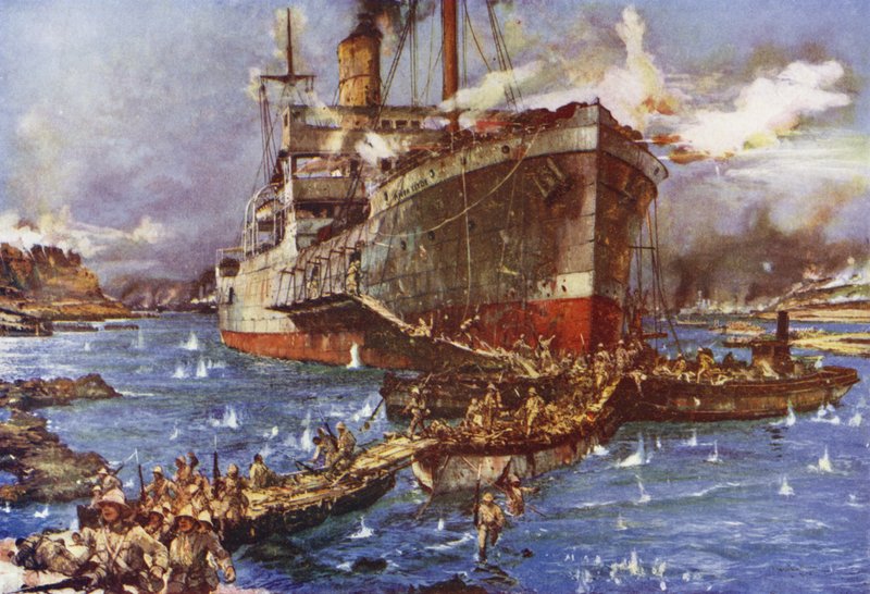 Vylodění jednotek z řeky Clyde na pláži V, poloostrov Gallipoli, Turecko, 25. dubna 1915 od Charles Edward Dixon