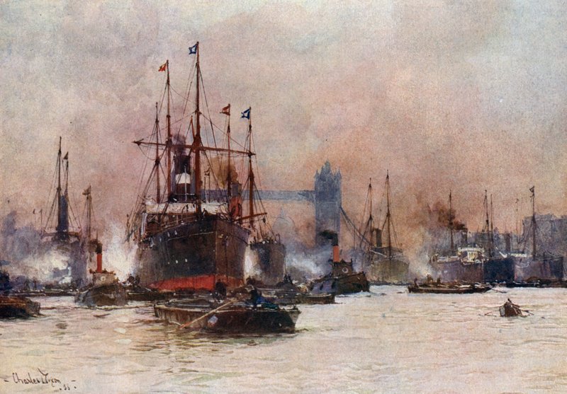 Temže, Bazén a Tower Bridge od Charles Edward Dixon