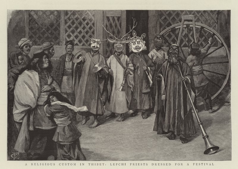 Náboženský zvyk v Tibetu, kněží Lepcha oblečeni na festival od Charles Edwin Fripp