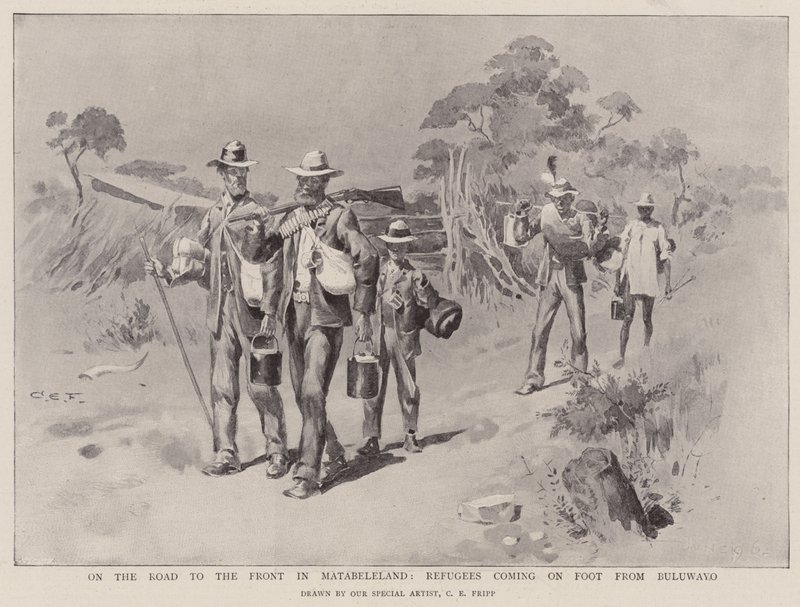Na cestě k frontě v Matabelelandu, uprchlíci přicházející pěšky z Bulawayo od Charles Edwin Fripp