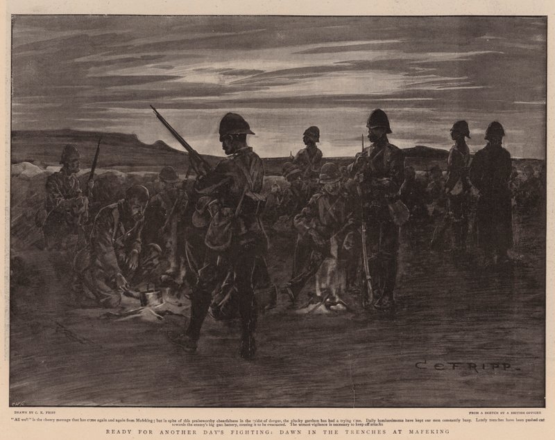 Připraveni na další bojový den, Dawn in the Trenches v Mafekingu od Charles Edwin Fripp