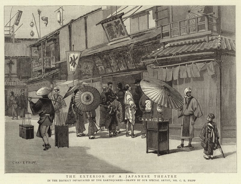 Exteriér japonského divadla od Charles Edwin Fripp