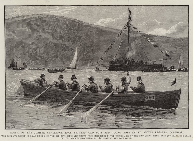 Závěr Jubilee Challenge Race mezi Old Boys a Young Boys v St Mawes Regatta, Cornwall od Charles J. Staniland