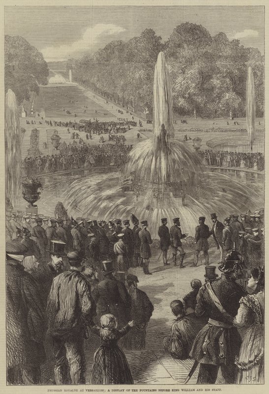 Pruský král ve Versailles, ukázka fontán před králem Vilémem a jeho štábem od Charles J. Staniland
