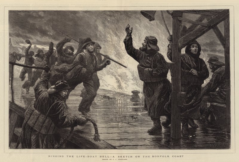Zvonění zvonu záchranného člunu, skica na pobřeží Norfolku od Charles J. Staniland
