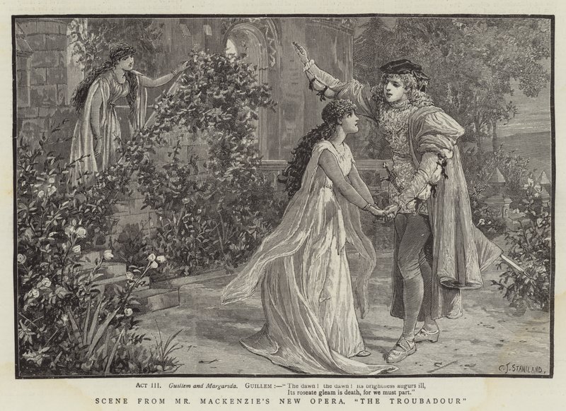 Scéna z nové opery pana Mackenzieho The Troubadour (Trubadúr) od Charles J. Staniland