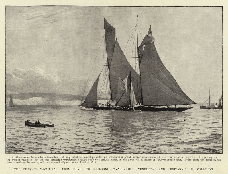 Jachtařský závod pod kanálem z Doveru do Boulogne, Valkyrie, Vendetta a Britannia in Collision od Charles J. Staniland