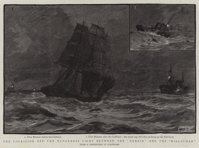 Srážka z Dungeness Light mezi Nereid a Killochan od Charles J. Staniland