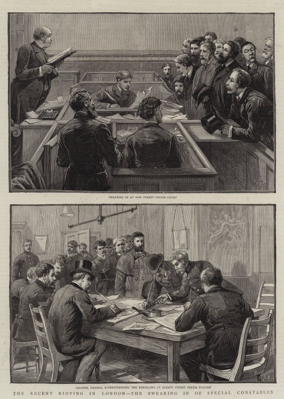Nedávné nepokoje v Londýně, přísahání zvláštních strážníků od Charles J. Staniland