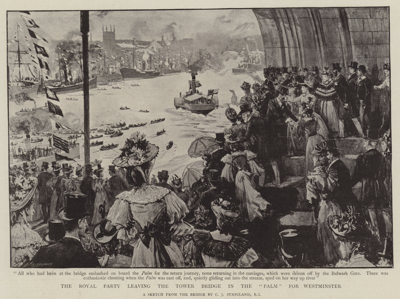 Royal Party opouštějící Tower Bridge v Palmu do Westminsteru od Charles J. Staniland