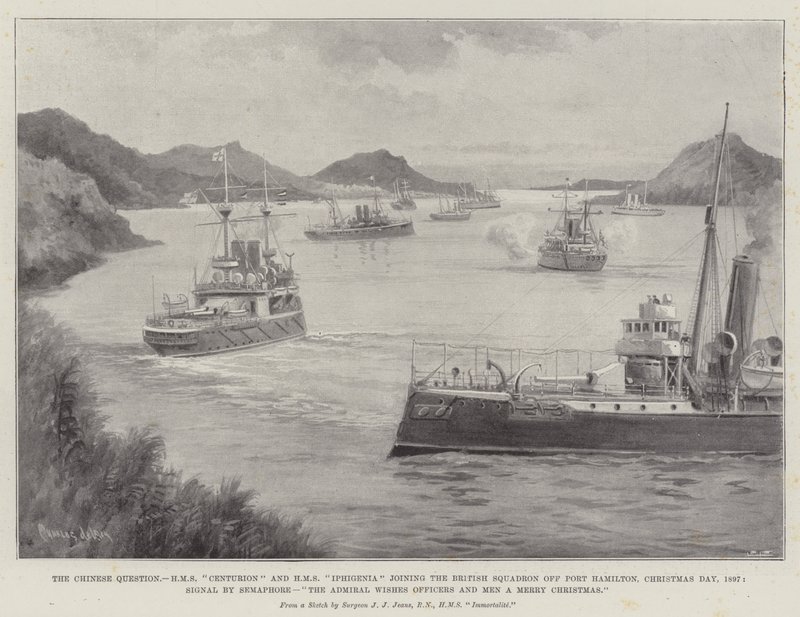 Čínská otázka, HMS Centurion a HMS Ifigenia se připojují k britské eskadře u Port Hamilton, Štědrý den, 1897, Signál Semaforu, Admirál přeje důstojníkům a mužům veselé Vánoce od Charles John de Lacy