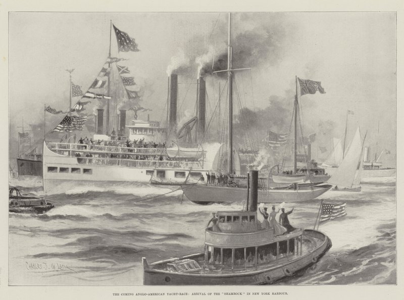 The Coming Anglo-American Yacht-Race, příjezd Shamrock do přístavu New York od Charles John de Lacy