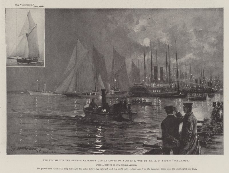Finále o Pohár německého císaře v Cowes 8. srpna, který vyhrála Columbine pana A. F. Fynna. od Charles John de Lacy