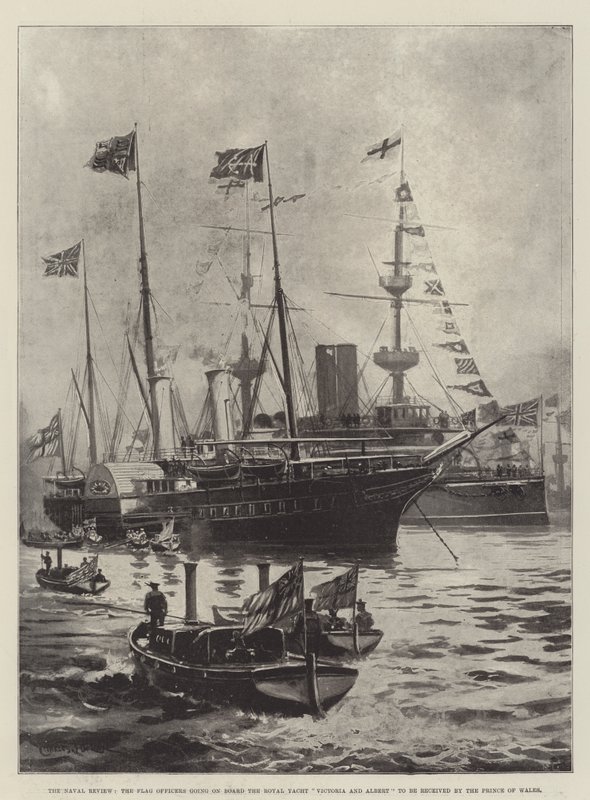 The Naval Review, vlajkoví důstojníci na palubě královské jachty Victoria a Albert, aby je přijal princ z Walesu od Charles John de Lacy