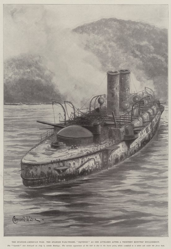 Španělsko-americká válka, španělské válečné plavidlo Oquendo, jak se objevila po třináctiminutovém zásnubě od Charles John de Lacy