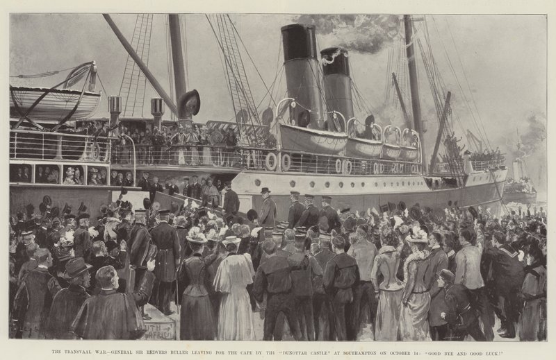 Transvaalská válka, generál Sir Redvers Buller odjíždí 14. října na Cape u hradu Dunnottar v Southamptonu, sbohem a hodně štěstí! od Charles John de Lacy